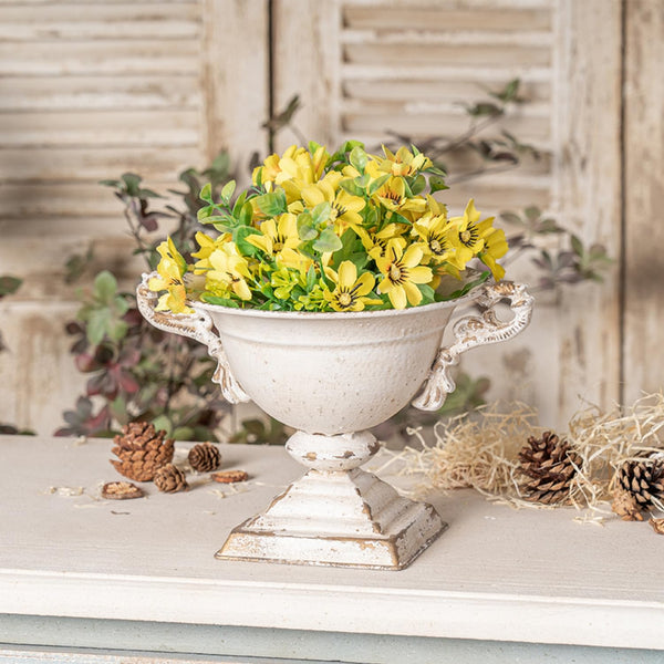 Vintage French Country Metal Planter Bowl with Handles – Rustic Shabby Chic Pedestal Flower Pot for Indoor & Outdoor Decor – Distressed White Farmhouse Urn Centerpiece – 6.69" Tall