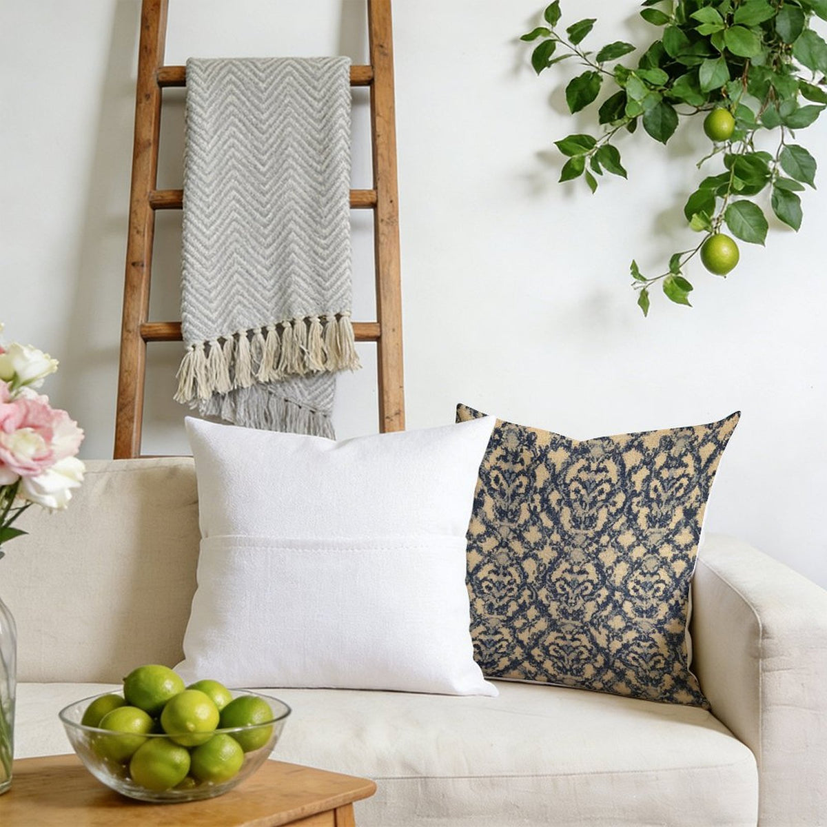 Waterproof Outdoor Throw Pillow Cover, Navy Blue Floral Pillow Cover, Rustic Pillow Sham