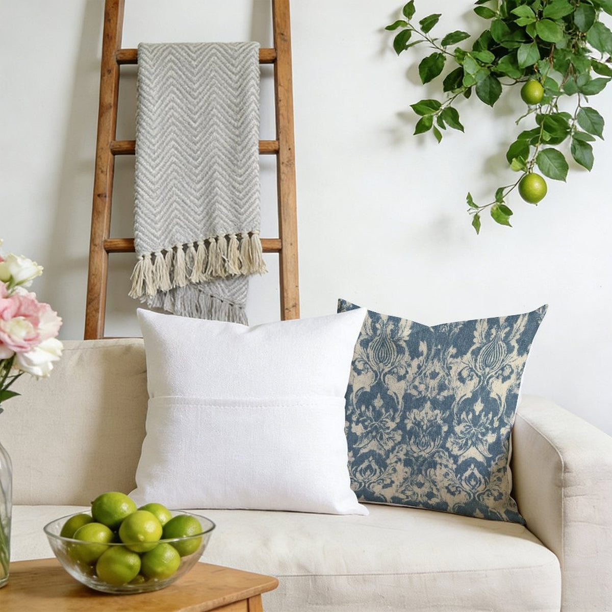 Waterproof Outdoor Throw Pillow Cover, Blue and White Pillow Cover, Rustic Pillow Sham