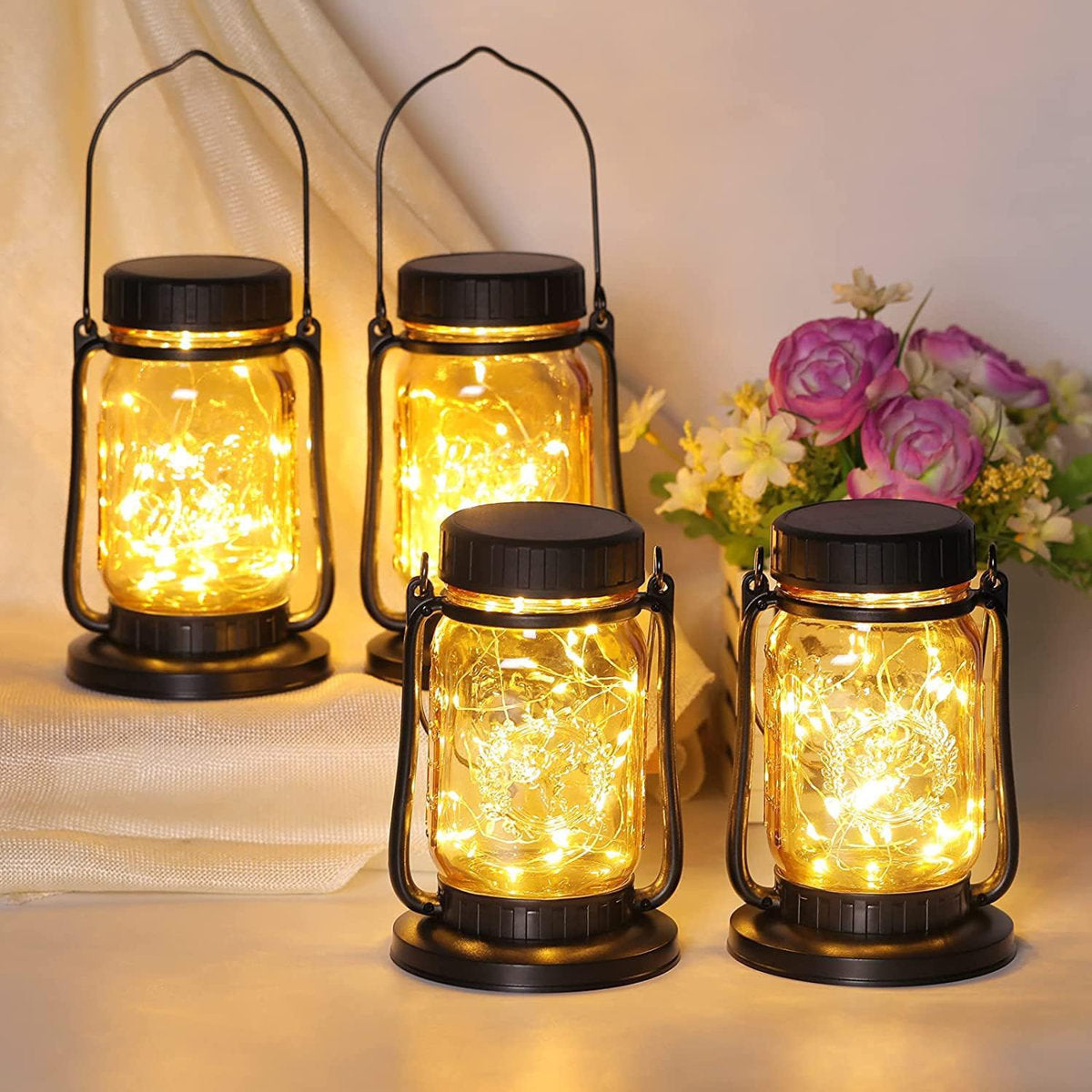 10″ Solar-Powered Set of 4 Integrated LED Outdoor Lantern Weatherproof Garden Patio Hanging Light