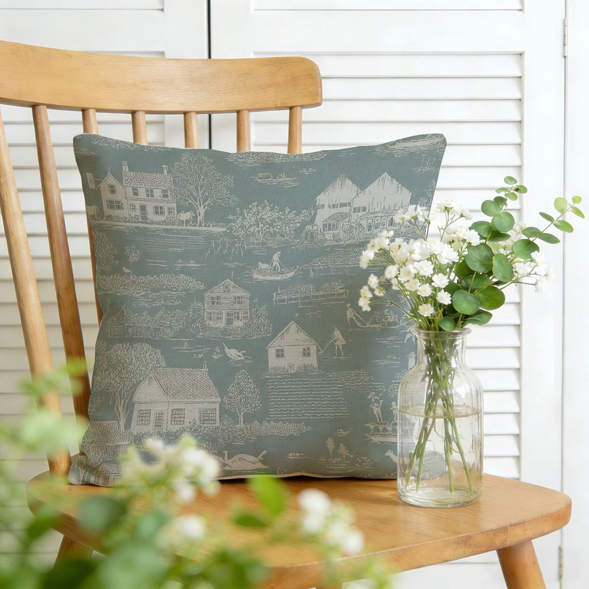 Waterproof Outdoor Throw Pillow Cover, Teal Toile Print Pillow Cover, Rustic Pillow Sham