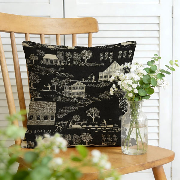 Waterproof Outdoor Throw Pillow Cover, Black Toile Print Pillow Cover, Rustic Pillow Sham