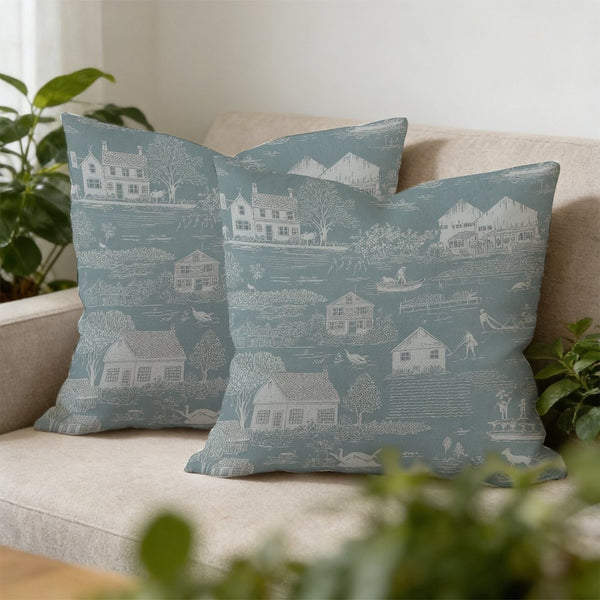Waterproof Outdoor Throw Pillow Cover, Teal Toile Print Pillow Cover, Rustic Pillow Sham