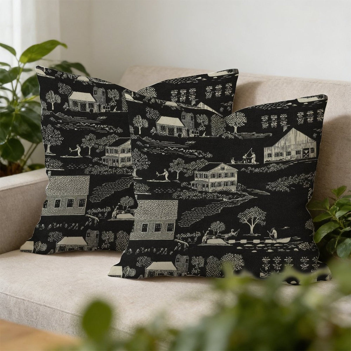 Waterproof Outdoor Throw Pillow Cover, Black Toile Print Pillow Cover, Rustic Pillow Sham