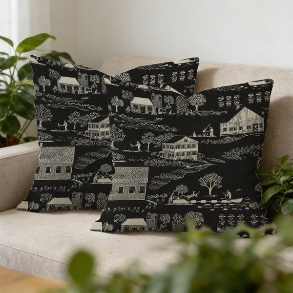 Waterproof Outdoor Throw Pillow Cover, Black Toile Print Pillow Cover, Rustic Pillow Sham