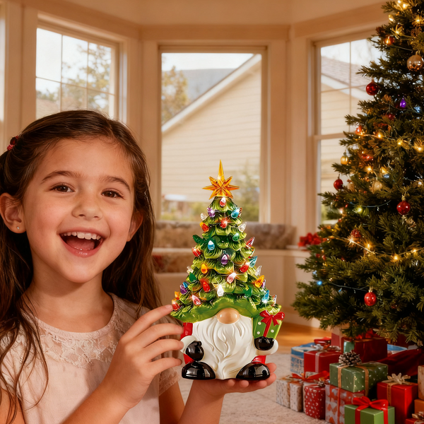 Lighted Christmas Gnome Decorations Hand-Painted Christmas Tree 8 Inch Small Mini Prelit Xmas Holiday Decor for Tabletop Home Room DIY Gifts