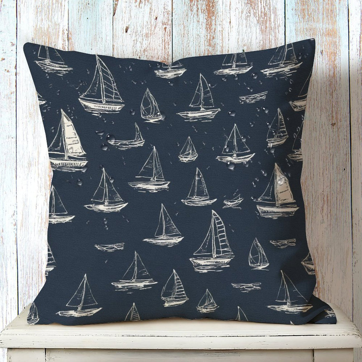 Waterproof Outdoor Throw Pillow Cover, Navy Blue Sail Boats Nautical Rustic Pillow Sham