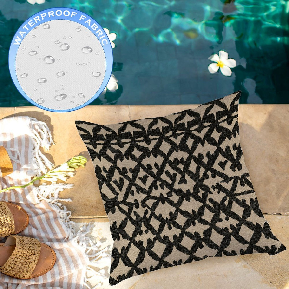Waterproof Outdoor Throw Pillow Cover, Black Geometric Pillow Cover, Rustic Pillow Sham