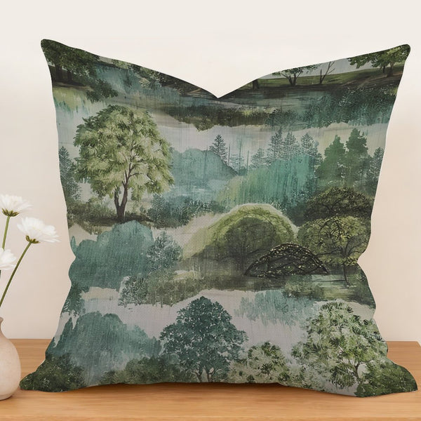 Waterproof Outdoor Throw Pillow Cover, Pagoda Trees in Green Toile Print, Vintage Home Decor,