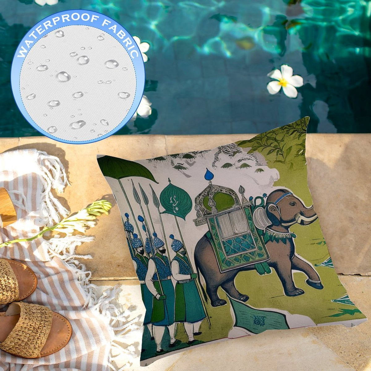 Waterproof Outdoor Throw Pillow Cover, Elephant Teal Cover, Rustic Pillow Sham