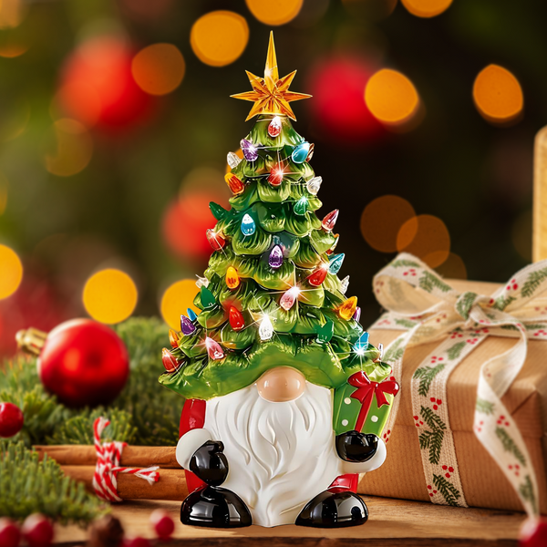 Lighted Christmas Gnome Decorations Hand-Painted Christmas Tree 8 Inch Small Mini Prelit Xmas Holiday Decor for Tabletop Home Room DIY Gifts