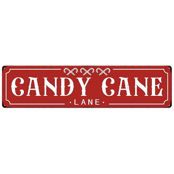 Red Candy Cane Lane Christmas Metal Sign Vintage Print Art Poster Tin Hanging Plaque for Home Kitchen Patio Yard Office Cafe Coffee Bar Front Door Wall Decor Novelty Gift 16" x 4"