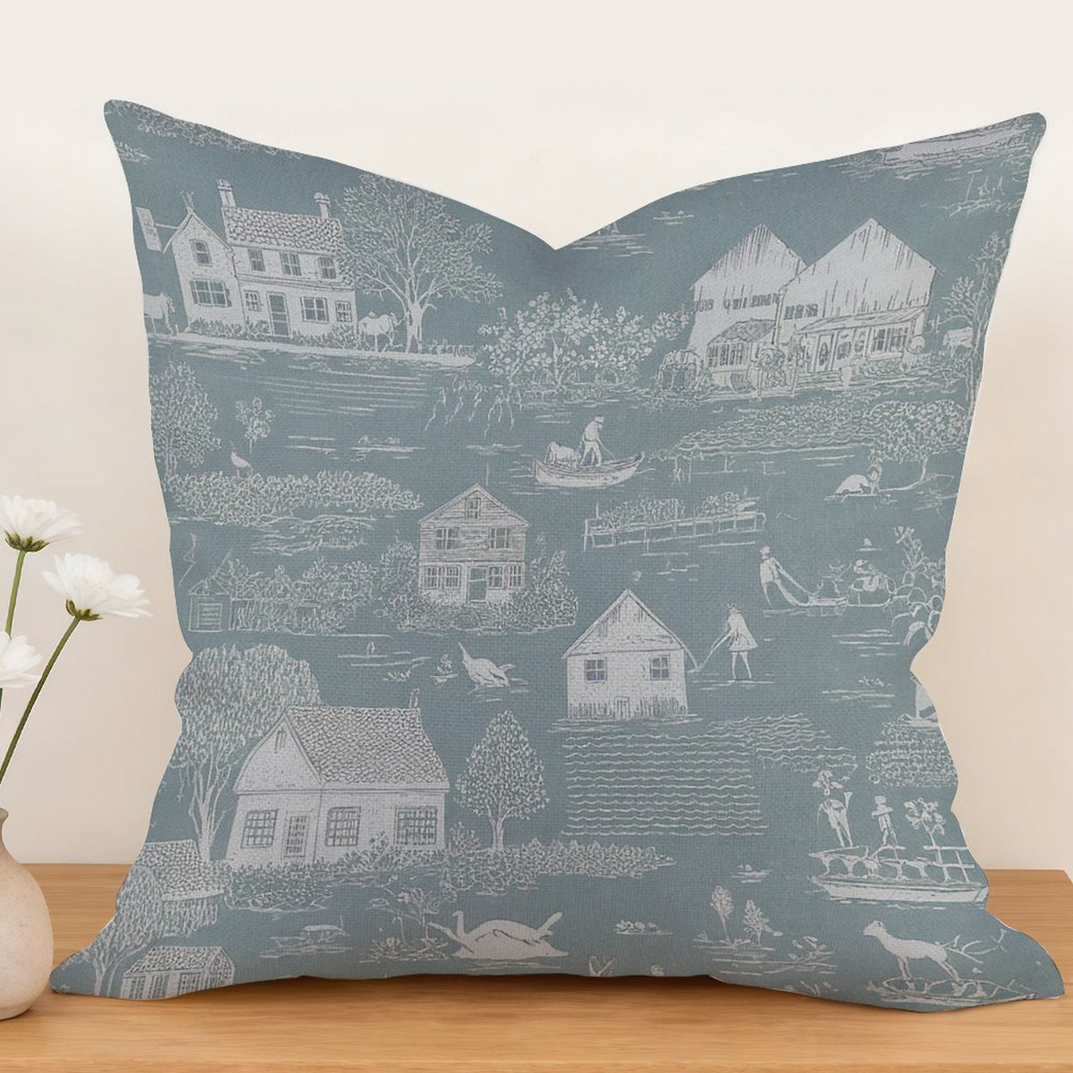 Waterproof Outdoor Throw Pillow Cover, Teal Toile Print Pillow Cover, Rustic Pillow Sham