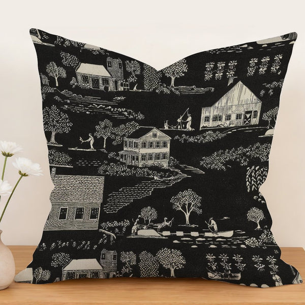 Waterproof Outdoor Throw Pillow Cover, Black Toile Print Pillow Cover, Rustic Pillow Sham