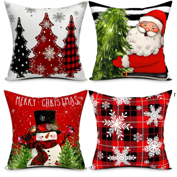 Christmas Pillow Covers 18''x18'', Set of 4, Christmas Patterns Christmas Tree, Snowman, Snowflakes