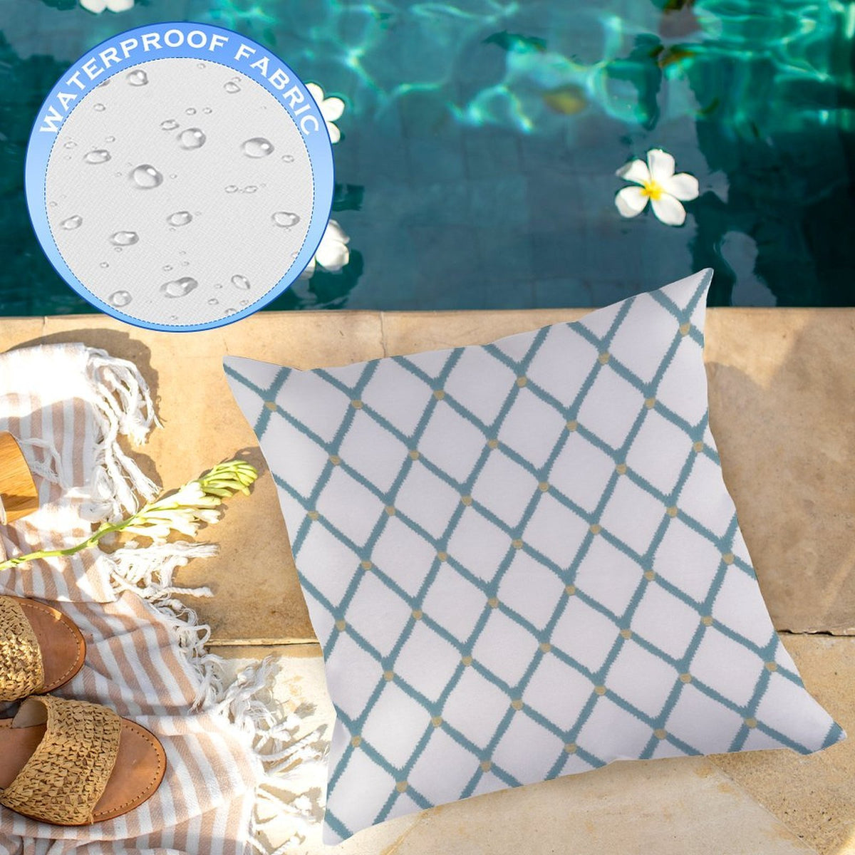 Waterproof Outdoor Throw Pillow Cover, Teal Pineapple Geometric Summer Decorative Cover, Rustic Pillow Sham