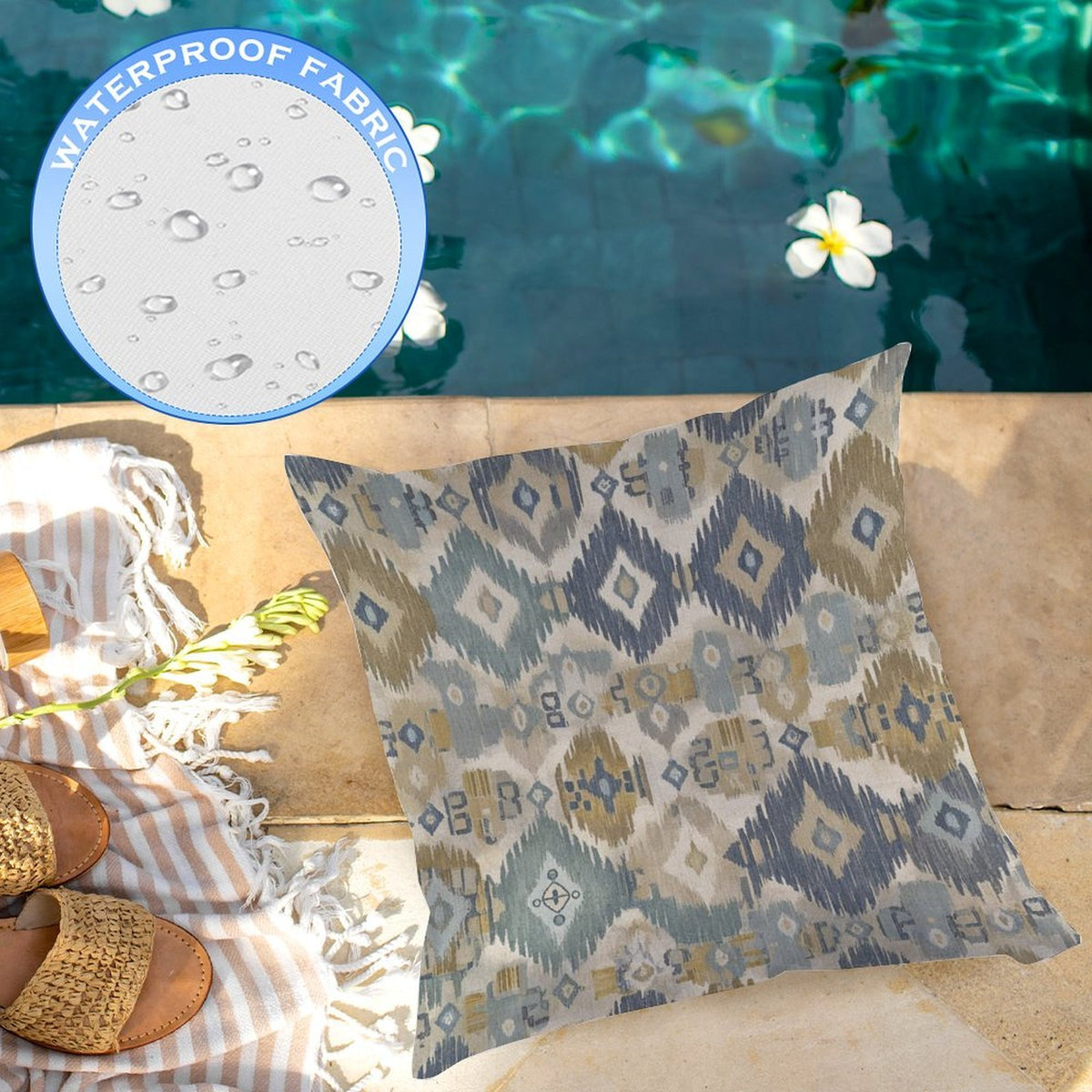Waterproof Outdoor Throw Pillow Cover, Boho Ikat Decorative Cover, Rustic Pillow Sham