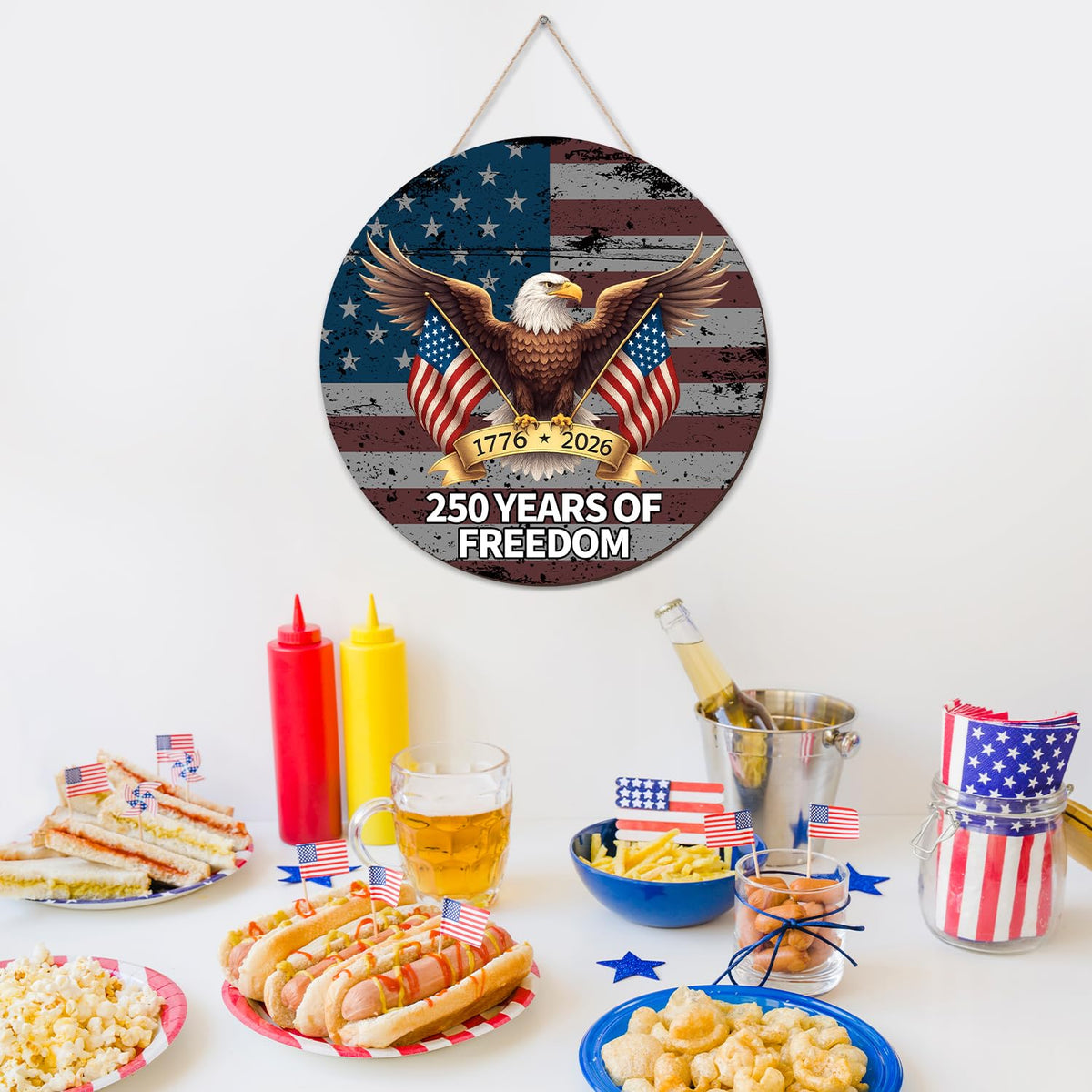 250 Anniversary 4th of July Door Sign America National Flag Eagle 250 Years of Freedom 1776-2026 Door Wreath Patriotic Independence Door Hanger