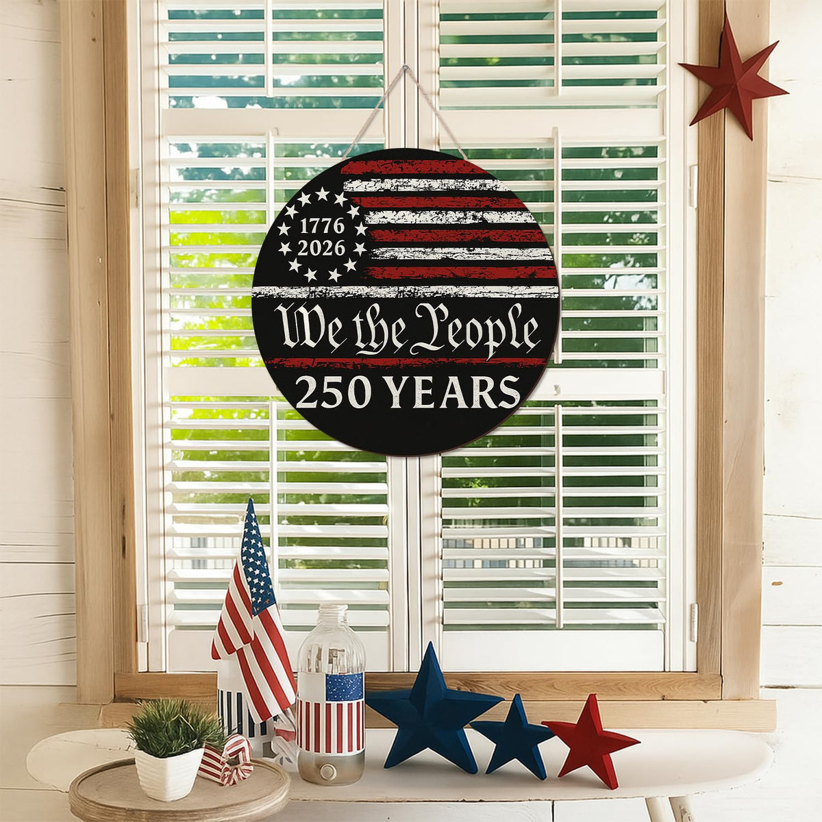 250 Anniversary America Door Sign 4th of July US National Flag 250 Years We the People Wreath Patriotic Independence Wooden Wall Decor