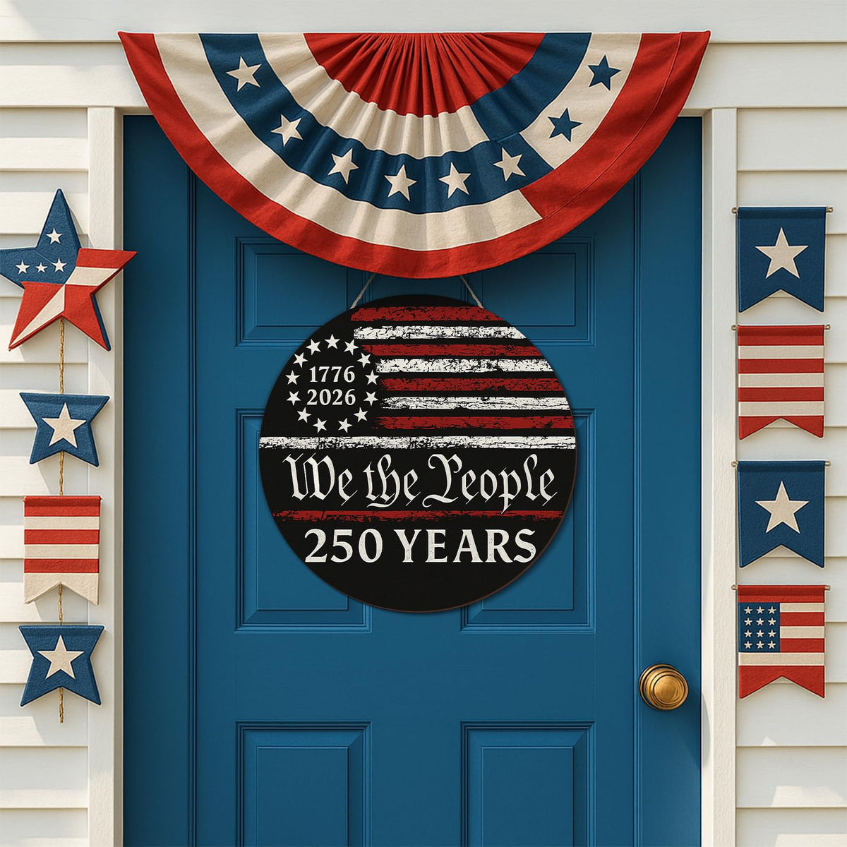 250 Anniversary America Door Sign 4th of July US National Flag 250 Years We the People Wreath Patriotic Independence Wooden Wall Decor