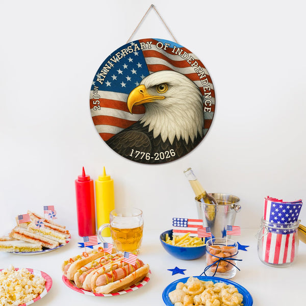 250 Years America Door Sign 4th of July US 250th Anniversary of Independence 1776-2026 Patriotic Wreath Wooden Eagle Wall Decor