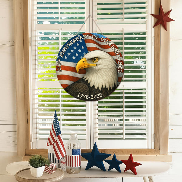250 Years America Door Sign 4th of July US 250th Anniversary of Independence 1776-2026 Patriotic Wreath Wooden Eagle Wall Decor