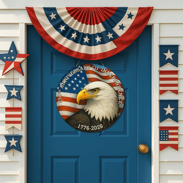 250 Years America Door Sign 4th of July US 250th Anniversary of Independence 1776-2026 Patriotic Wreath Wooden Eagle Wall Decor