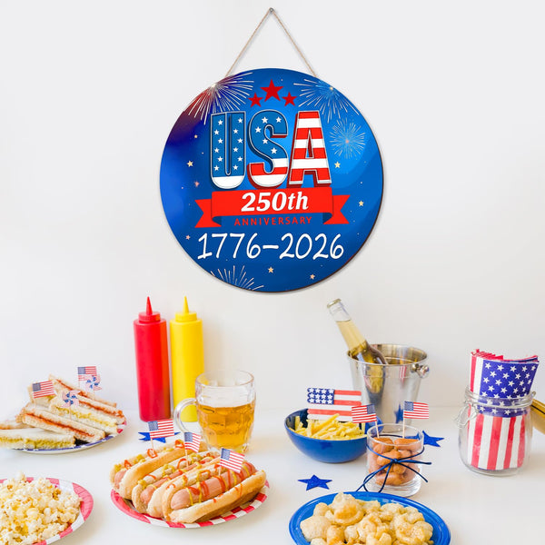 250th Anniversary USA Door Sign 4th of July 1776-2026 Patriotic Wreath Independence Wooden Wall Decor
