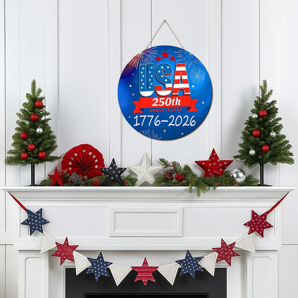 250th Anniversary USA Door Sign 4th of July 1776-2026 Patriotic Wreath Independence Wooden Wall Decor