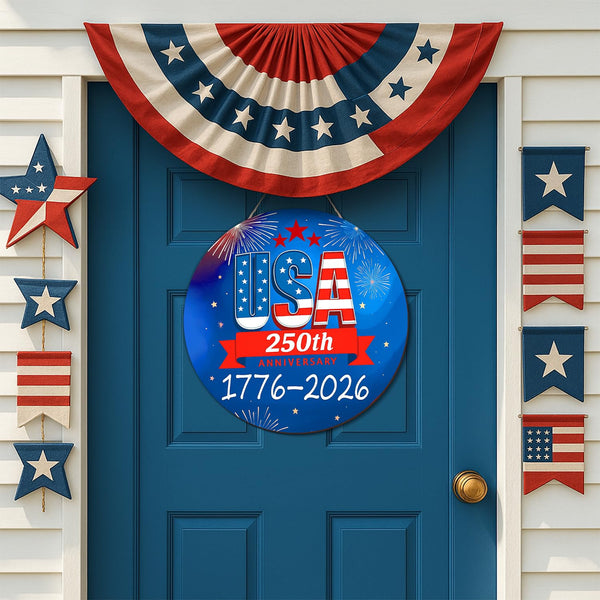 250th Anniversary USA Door Sign 4th of July 1776-2026 Patriotic Wreath Independence Wooden Wall Decor