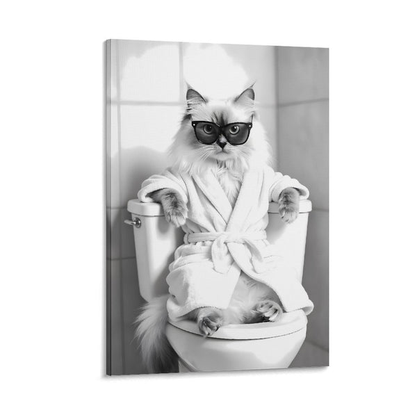 Cat Bathroom Canvas Wall Art Funny Animal Bathroom Wall Art Ragdoll Cat on the Toilet Bathroom Painting