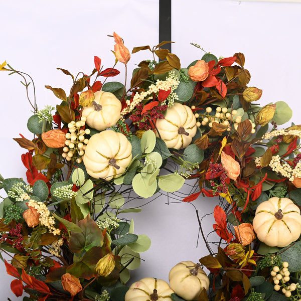 26 In Handcrafted Thanksgiving Wreath for Front Door – Fall Pumpkin and Maple Leaf Decor, Autumn Harvest Garland