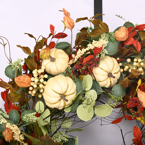 26 In Handcrafted Thanksgiving Wreath for Front Door – Fall Pumpkin and Maple Leaf Decor, Autumn Harvest Garland