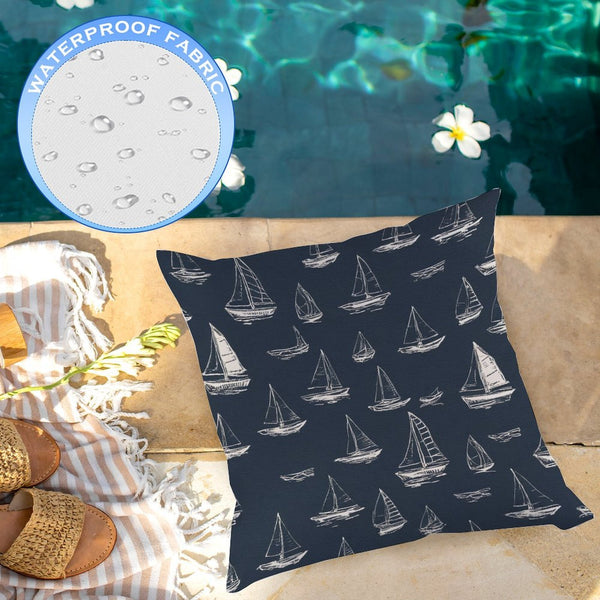 Waterproof Outdoor Throw Pillow Cover, Navy Blue Sail Boats Nautical Rustic Pillow Sham
