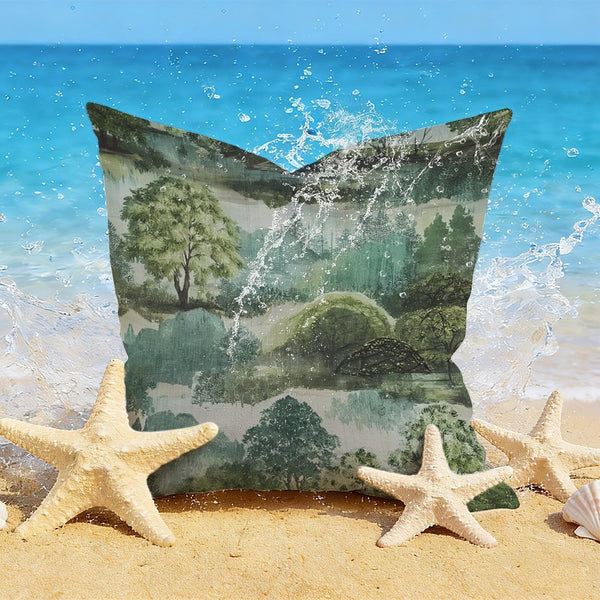 Waterproof Outdoor Throw Pillow Cover, Pagoda Trees in Green Toile Print, Vintage Home Decor,