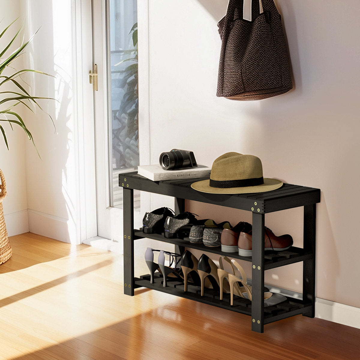 3-Tier Bamboo Shoe Rack with Seat – Sturdy, Space-Saving Shoe Organizer for Entryway