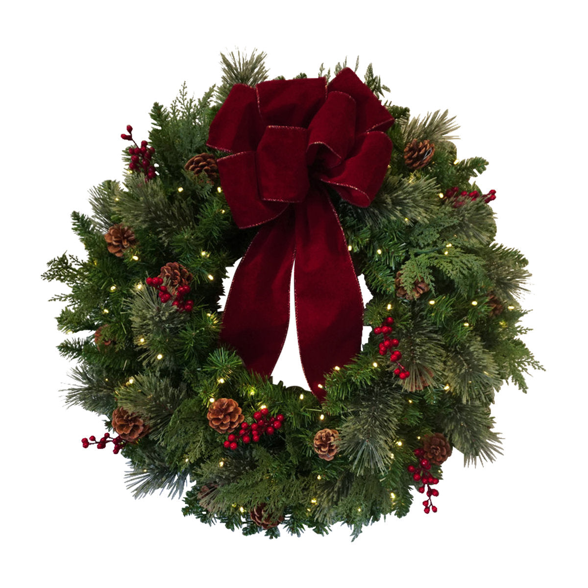 30" Pre-Lit Artificial Christmas Wreath with Pine Cones, Red Berries, and Velvet Bow