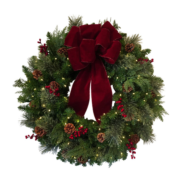 30" Pre-Lit Artificial Christmas Wreath with Pine Cones, Red Berries, and Velvet Bow