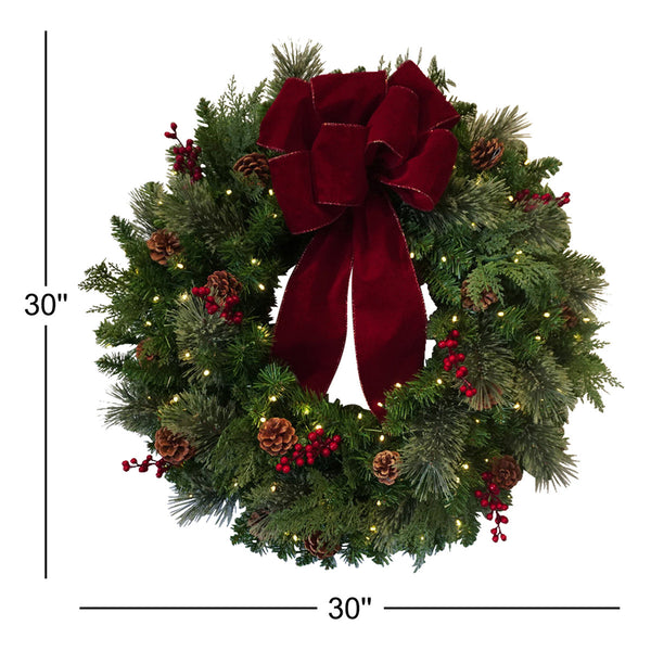 30" Pre-Lit Artificial Christmas Wreath with Pine Cones, Red Berries, and Velvet Bow
