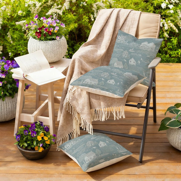 Waterproof Outdoor Throw Pillow Cover, Teal Toile Print Pillow Cover, Rustic Pillow Sham