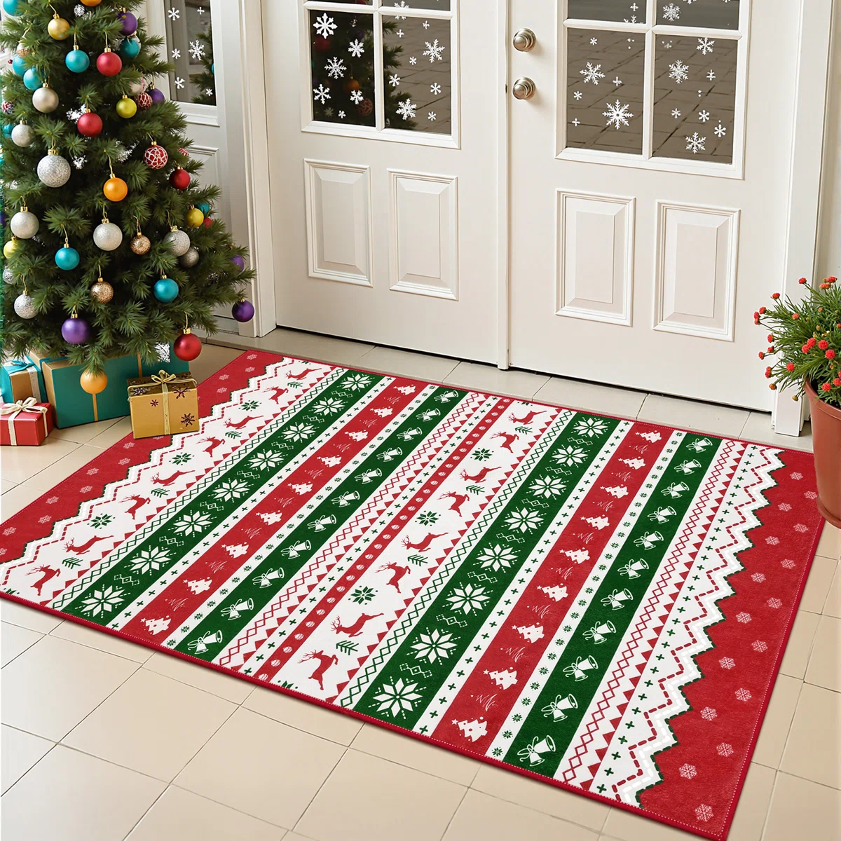 Oversart Christmas Party Machine Washable Area Rug Red/White/Green