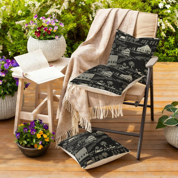 Waterproof Outdoor Throw Pillow Cover, Black Toile Print Pillow Cover, Rustic Pillow Sham