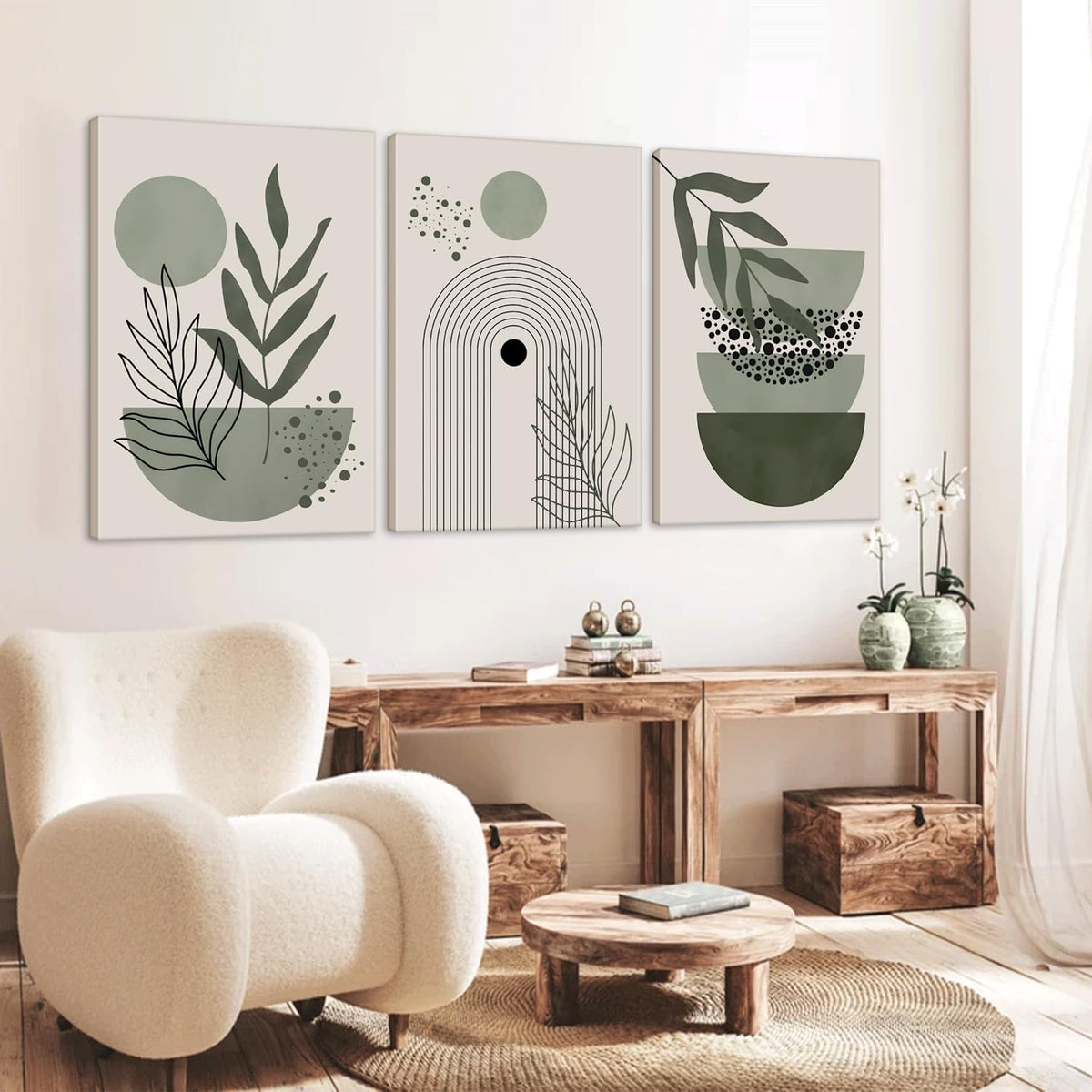3Pcs Framed Boho Wall Art Sage Green Wall Decor Posters &amp; Prints Minimalist Geometric Line Leaf Sun Moon Beige Canvas Artwork