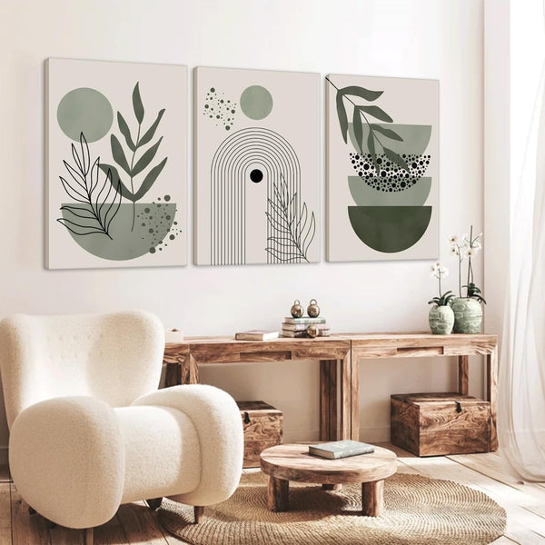 3Pcs Framed Boho Wall Art Sage Green Wall Decor Posters &amp; Prints Minimalist Geometric Line Leaf Sun Moon Beige Canvas Artwork