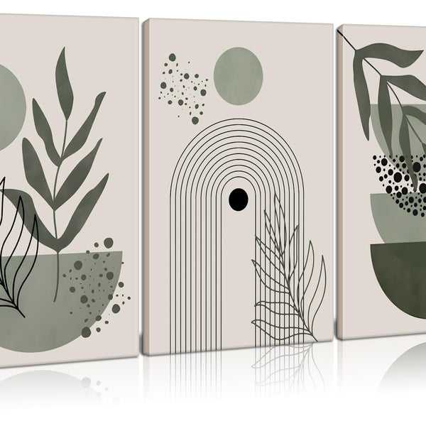 3Pcs Framed Boho Wall Art Sage Green Wall Decor Posters &amp; Prints Minimalist Geometric Line Leaf Sun Moon Beige Canvas Artwork