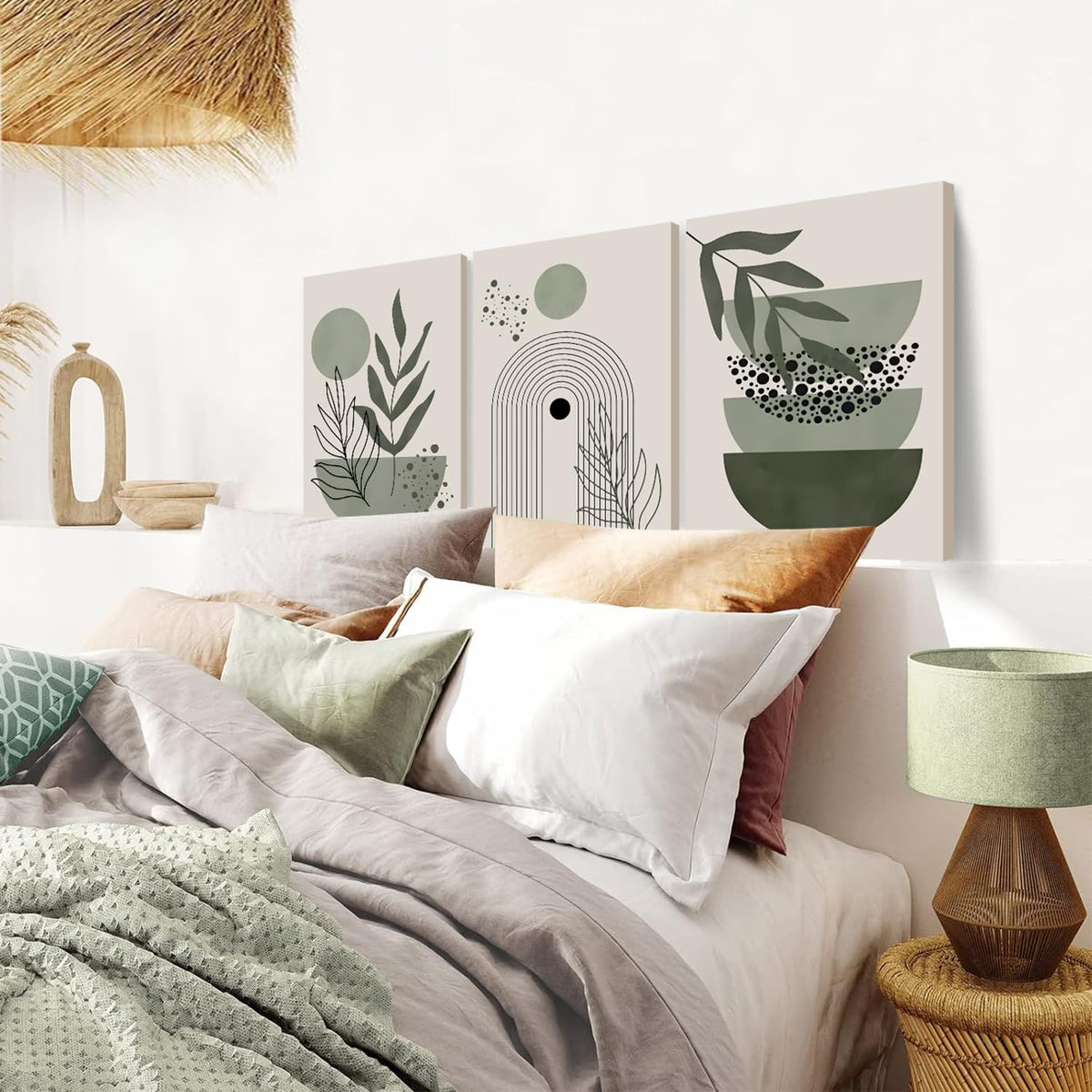 3Pcs Framed Boho Wall Art Sage Green Wall Decor Posters &amp; Prints Minimalist Geometric Line Leaf Sun Moon Beige Canvas Artwork