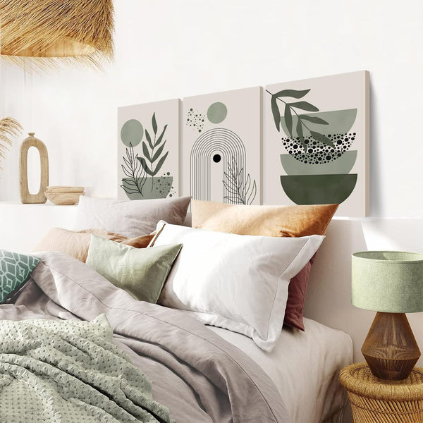 3Pcs Framed Boho Wall Art Sage Green Wall Decor Posters &amp; Prints Minimalist Geometric Line Leaf Sun Moon Beige Canvas Artwork