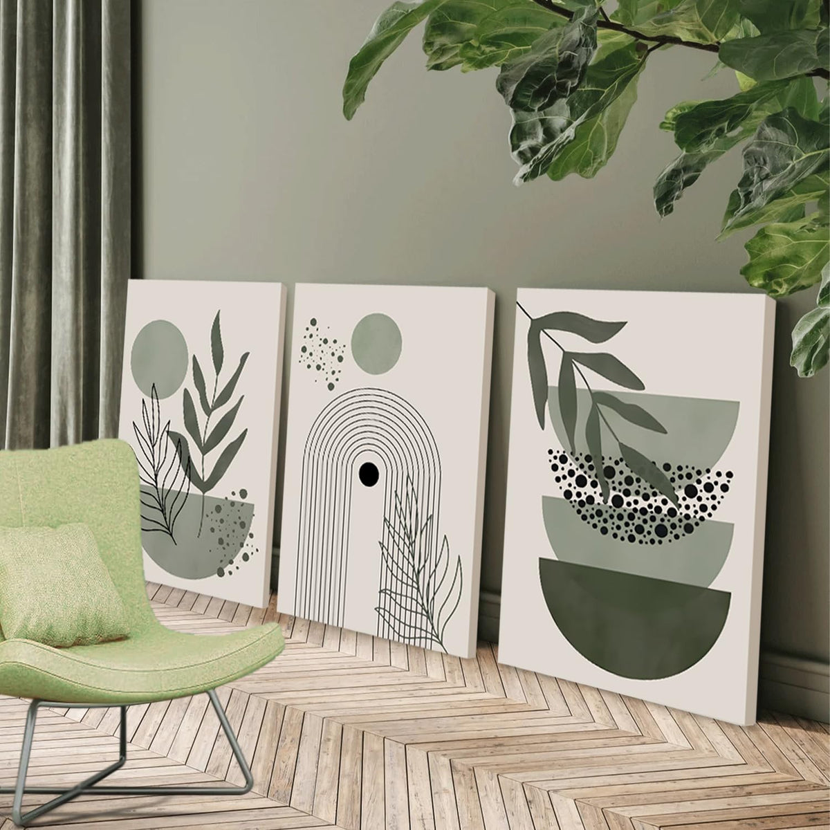 3Pcs Framed Boho Wall Art Sage Green Wall Decor Posters &amp; Prints Minimalist Geometric Line Leaf Sun Moon Beige Canvas Artwork