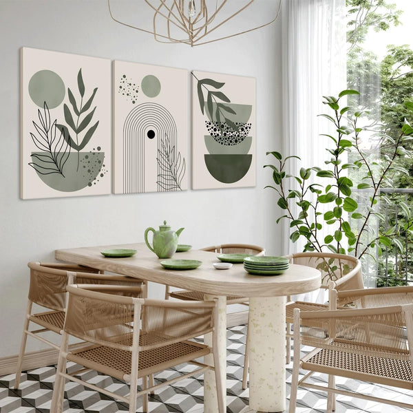 3Pcs Framed Boho Wall Art Sage Green Wall Decor Posters &amp; Prints Minimalist Geometric Line Leaf Sun Moon Beige Canvas Artwork