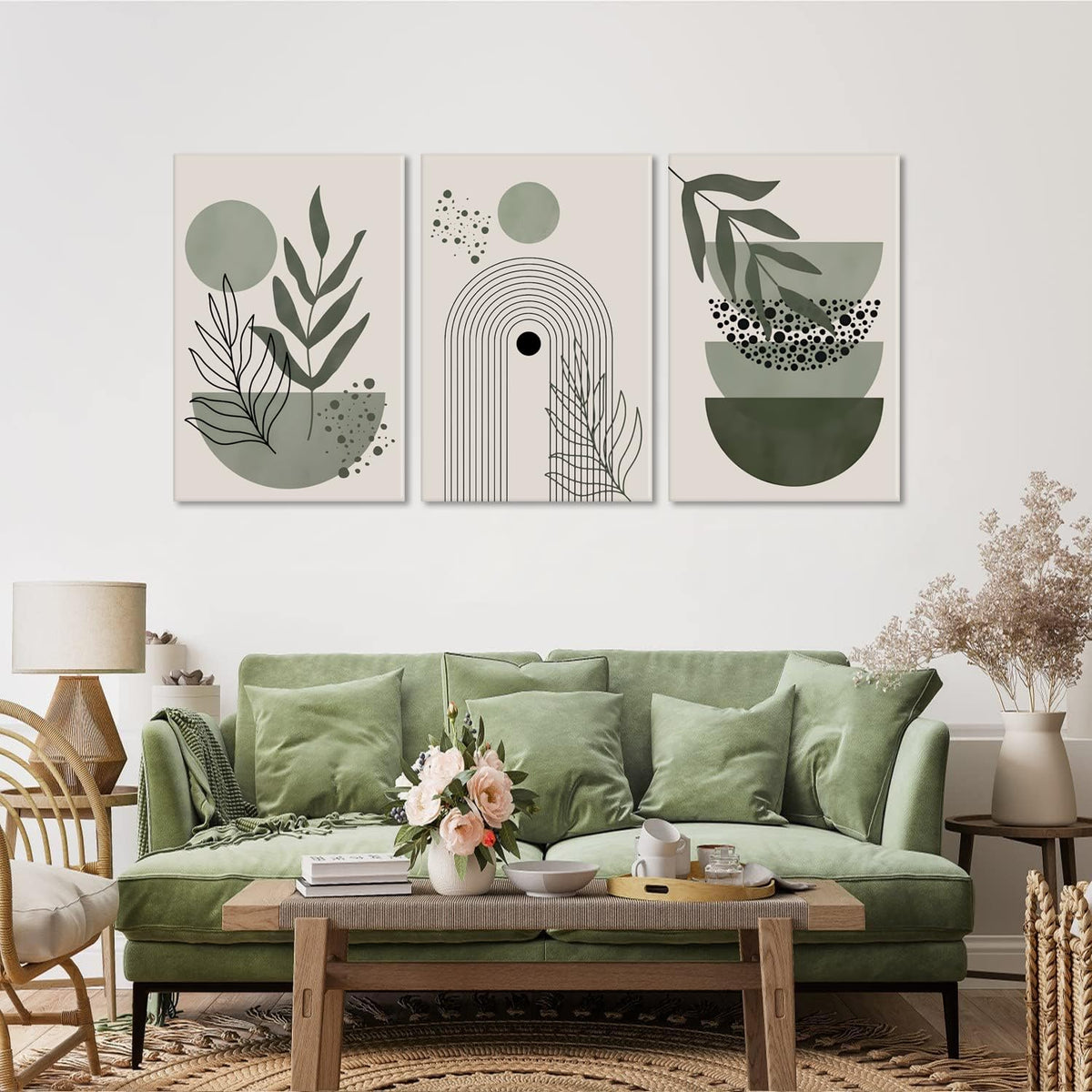 3Pcs Framed Boho Wall Art Sage Green Wall Decor Posters &amp; Prints Minimalist Geometric Line Leaf Sun Moon Beige Canvas Artwork